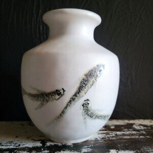 Artist Signed Studio Pottery Vase With Fish Design White Handmade Unique Vase